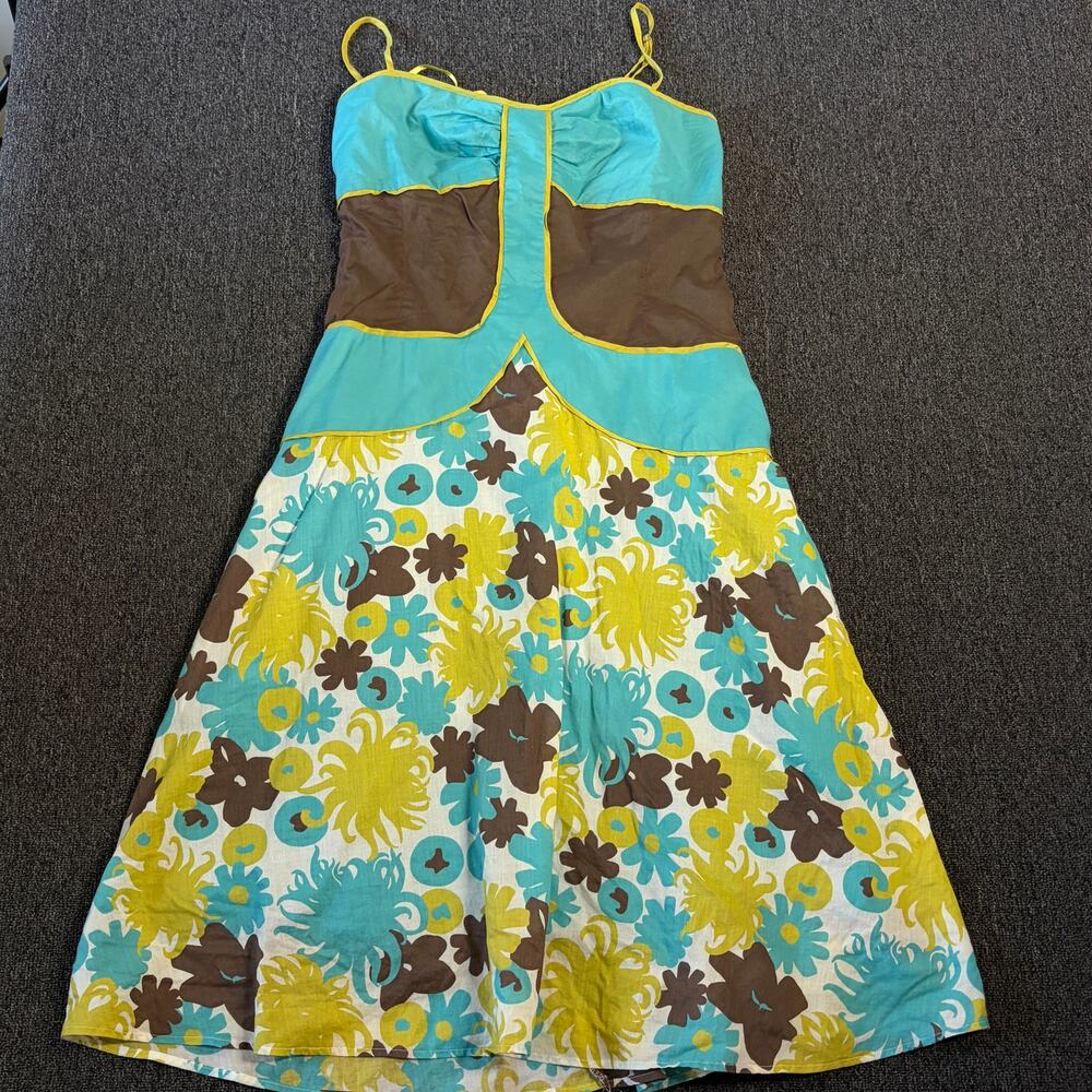 Vintage Y2k Teal Brown Floral Cotton Fit Flare Cami Tank Top Dress Women's M
